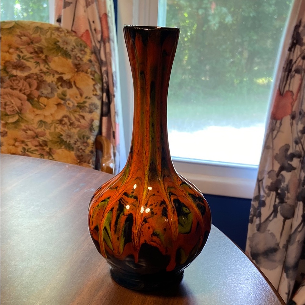 Vibrant Orange and Black Ceramic Vase